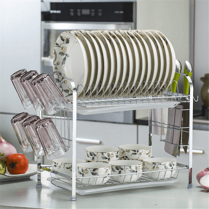 2 Tiers Dish Drying Rack Stainless Steel over Sink Kitchen Cutlery Bowl Storage Holder