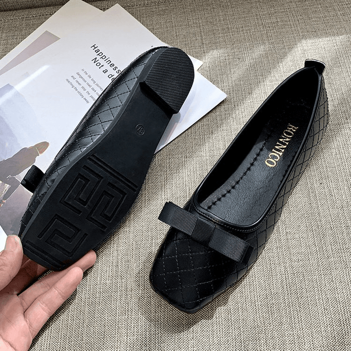 Women Bow Decor Comfy Square Toe Soft Sole Casual Slip on Loafers