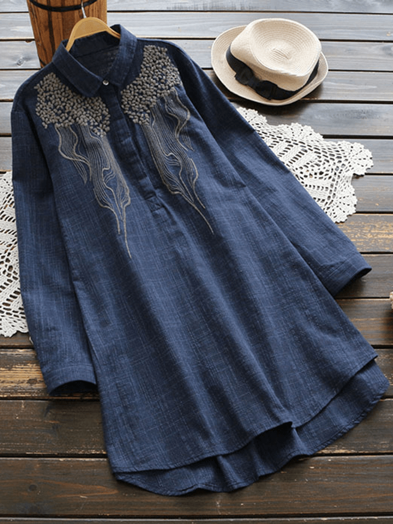 Embroidery Stripe Lapel Long Sleeve Irregular Vintage Blouse