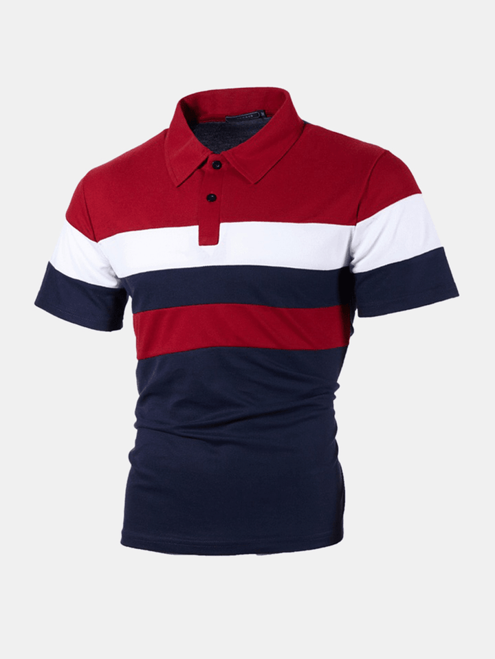 Mens Color Blcok Short Sleeve Half Open Turn down Collar Casual Golf Shirt - MRSLM