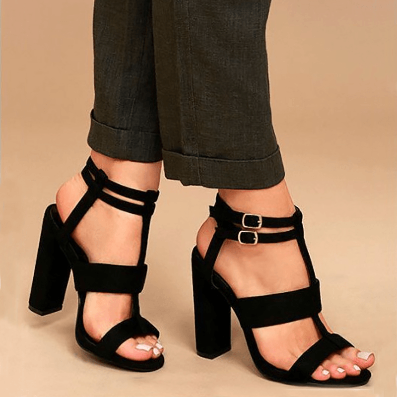 Women Summer Buckle Block Open Toe High Heels Pumps