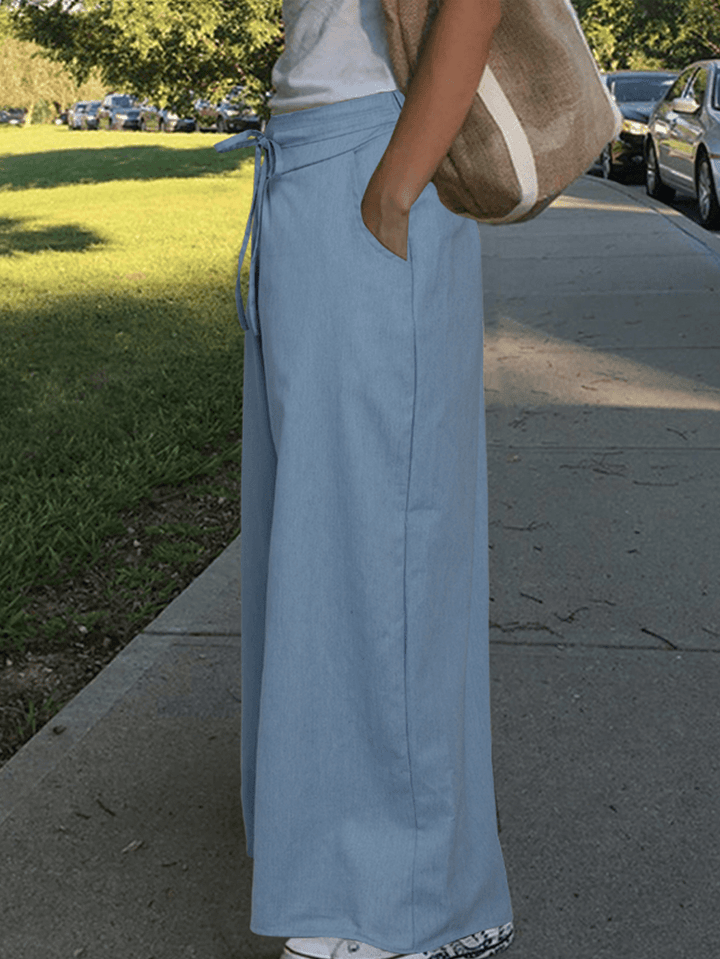 Women Solid Color Elastic Waist Cotton Casual Loose Wide Leg Pants