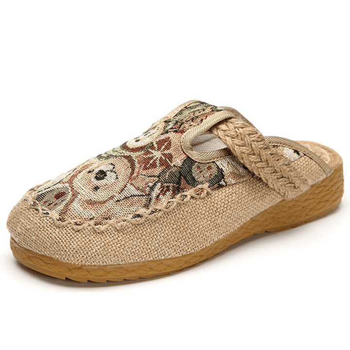 Women Flats Cartoon Flax Outdoor Embroidery Slipper - MRSLM