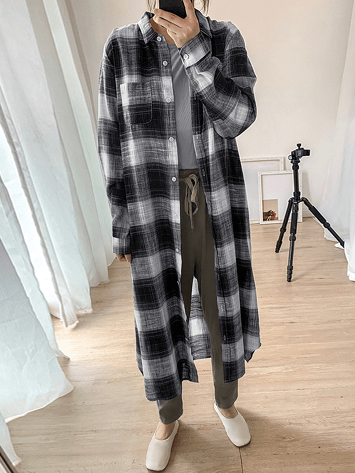 Women Plaid Commute Business Outer Wear Bottom down Front Loose Shirt Dress Cardigans - MRSLM