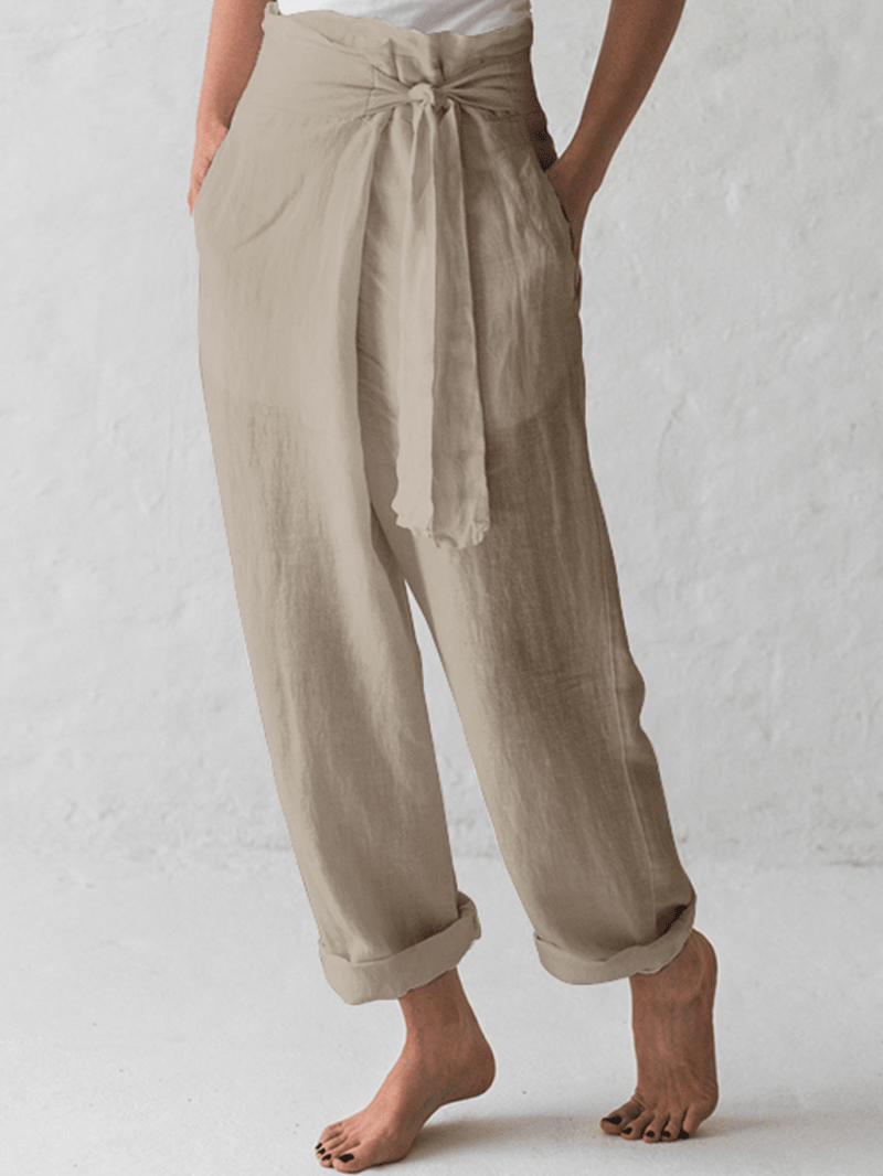 Women Cotton Belted High Waist Casual Wide Leg Harem Pants