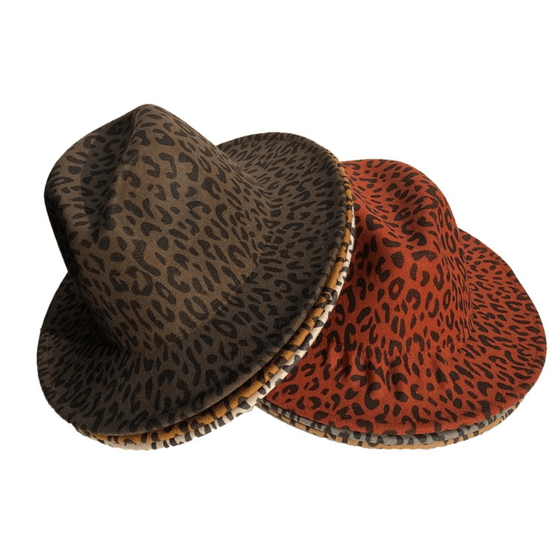 Woolen Leopard Print Top Hat with Flat Brim