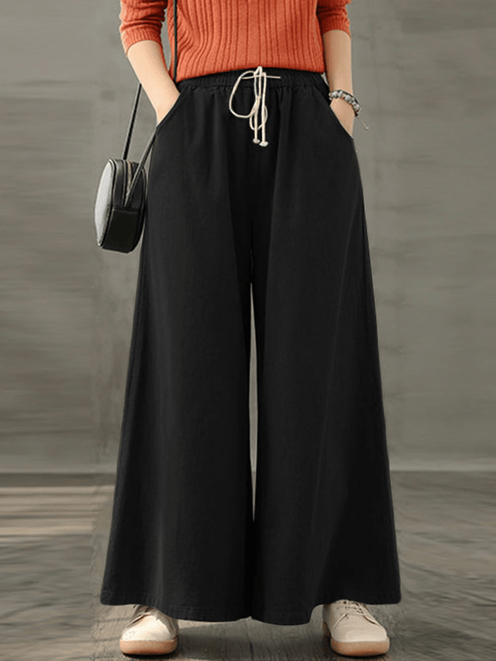 Women Vintage Drawstring Waist Loose Casual Wide Leg Pants with Pockets