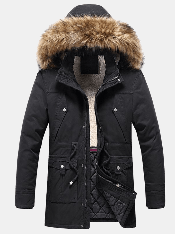 Mens Warm Solid Color Windproof Multi Pocket Detachable Faux Fur Collar Hooded Coat