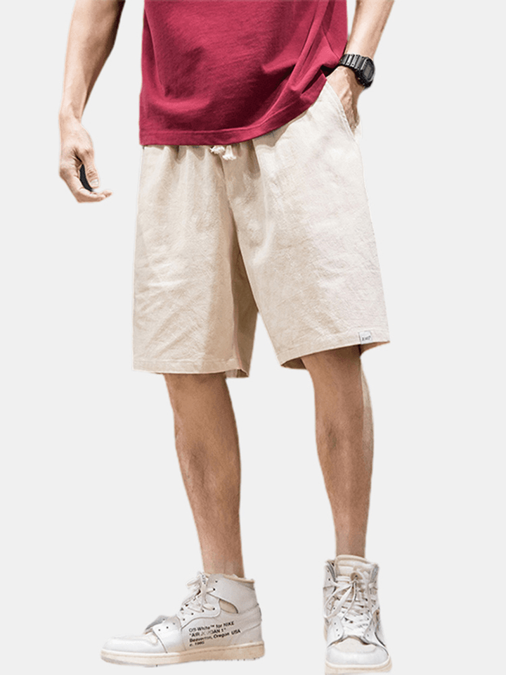 Mens Casual Flax Breathable Drawstring Solid Color Shorts