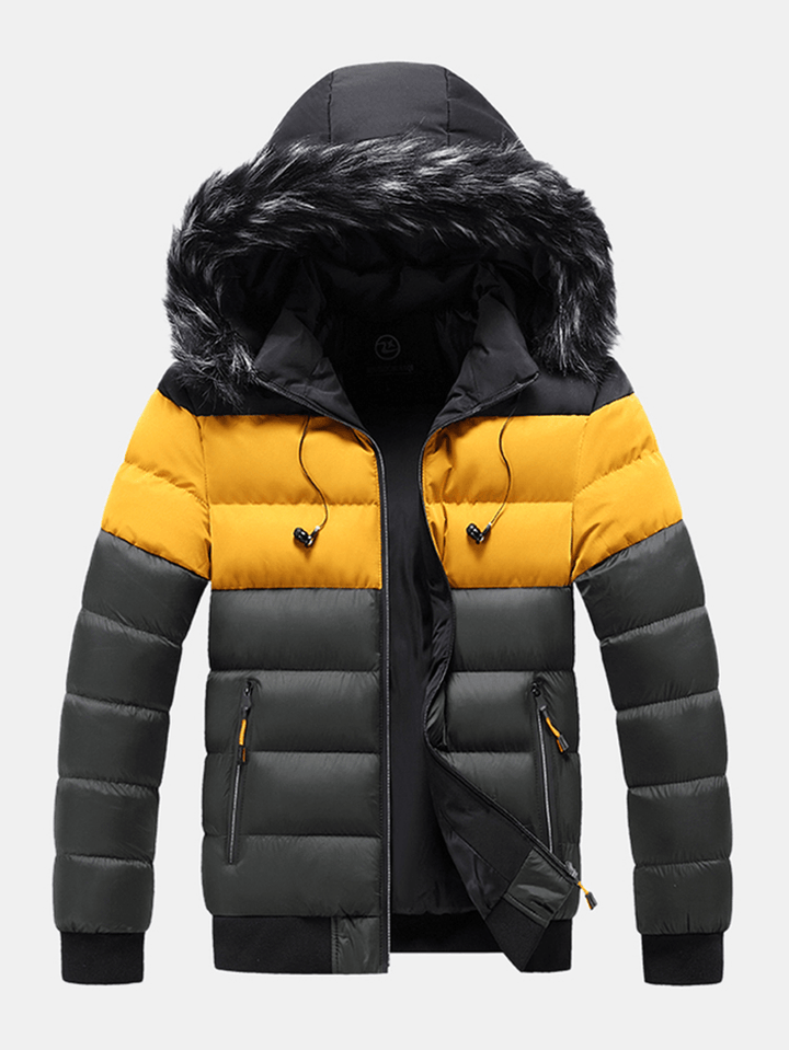 Mens Color Block Patchwork Thick Faux Fur Hooded Puffer Jacket with Pocket - MRSLM