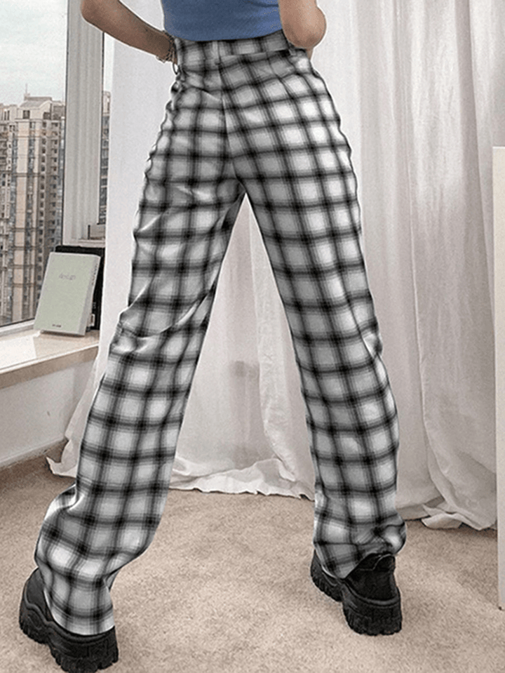 Women Plaid Print Hight Waist Zipper Fly Suit Trousers Wide Leg Pants