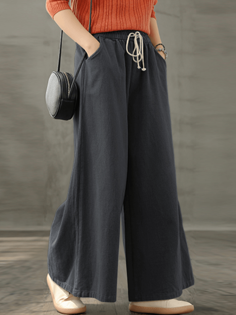 Women Vintage Drawstring Waist Loose Casual Wide Leg Pants with Pockets