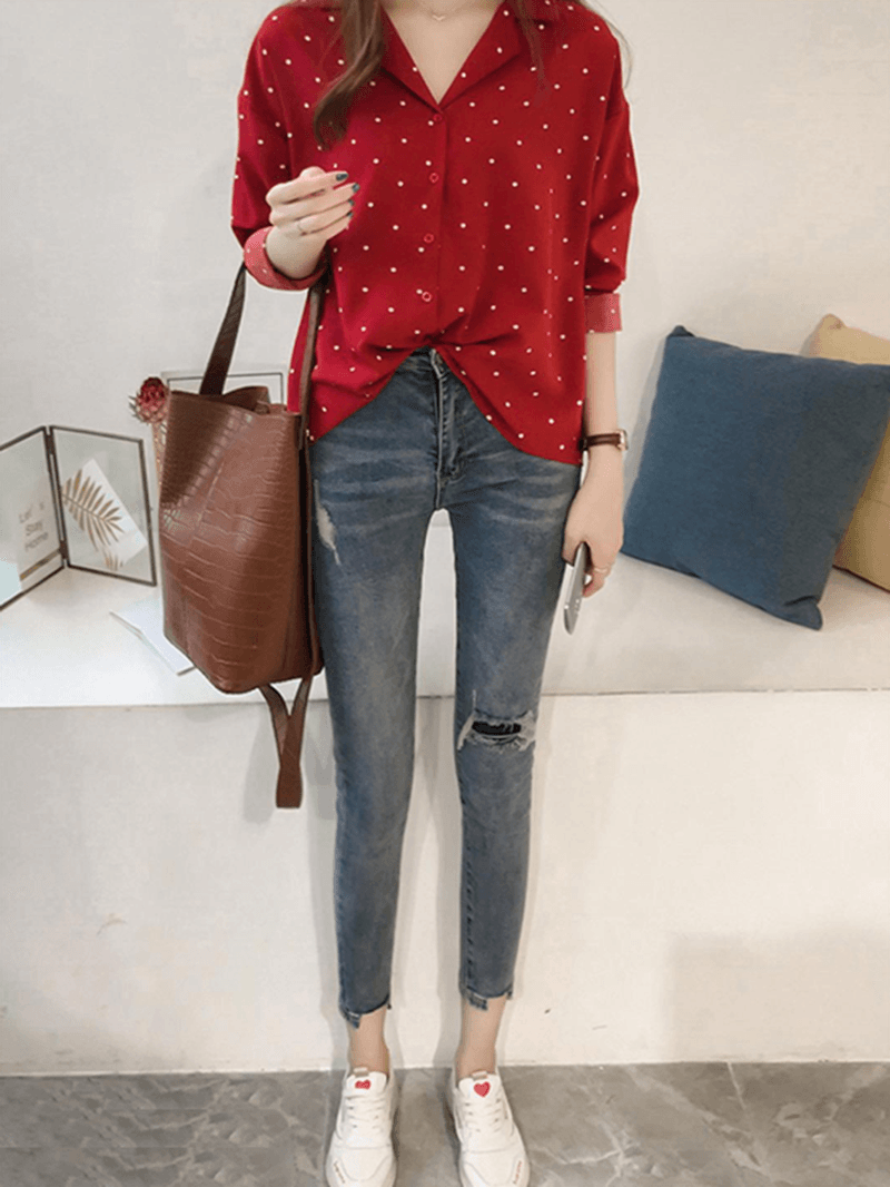 Polka Dot Print V-Neck Long Sleeve Casual Blouse