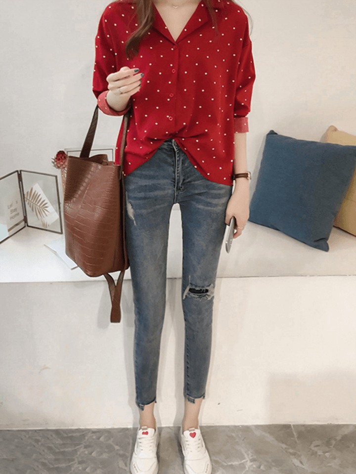 Polka Dot Print V-Neck Long Sleeve Casual Blouse