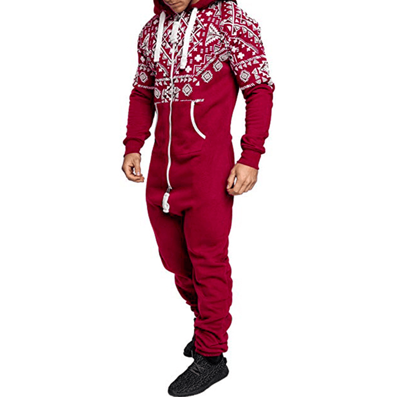 Mens Casual Hooded Loungewear Pure Color Siamese Jumpsuit