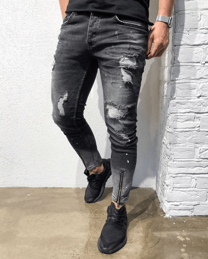 European and American New Fashion Ripped Youth Jeans with Zipper - Elastic Feet