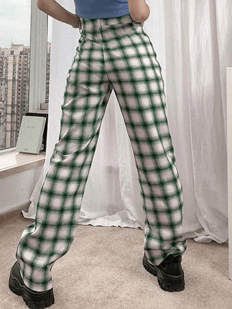 Women Plaid Print Hight Waist Zipper Fly Suit Trousers Wide Leg Pants