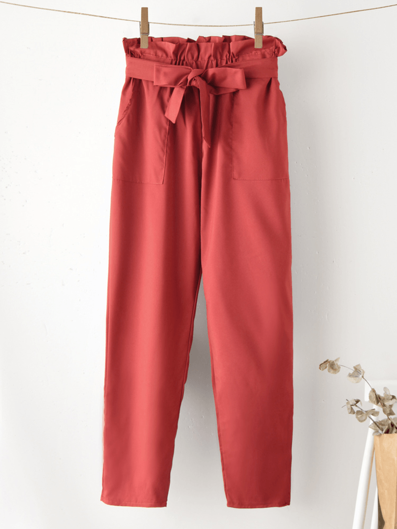 Solid Color Ruffle Knotted Pocket Casual Cropped Pants for Women