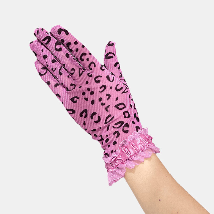 Women Polyester Cotton Lace Leopard Pattern Sunshade Breathable Short Full Finger Gloves - MRSLM