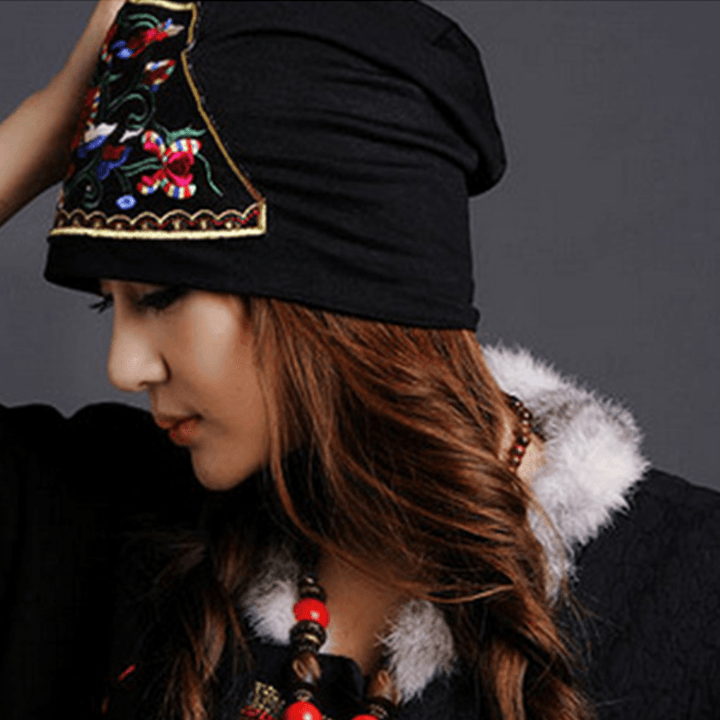 Women Cotton Floral Ethnic Embroidery Beanie Hat Elastic Breathable Turban Cap