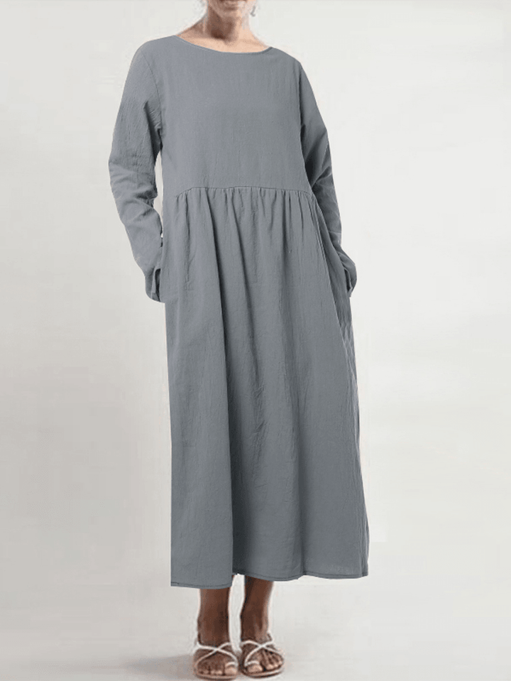 Women Cotton Crew Neck Long Sleeve Solid Casual Dress