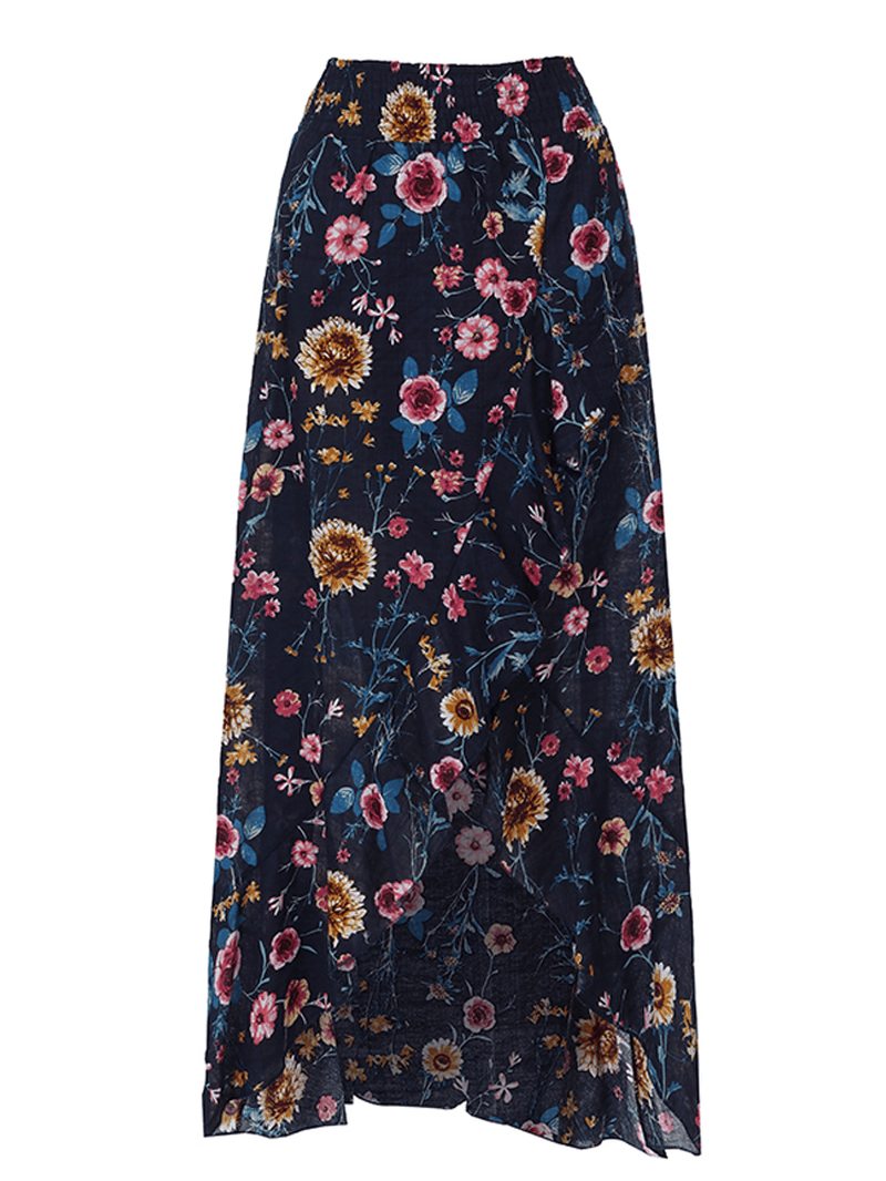 Bohemian Beach Floral Print Elastic Waist Flounce Hem Maxi Skirts