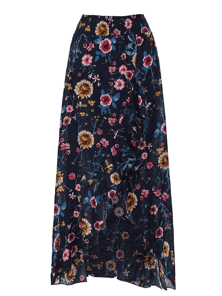 Bohemian Beach Floral Print Elastic Waist Flounce Hem Maxi Skirts