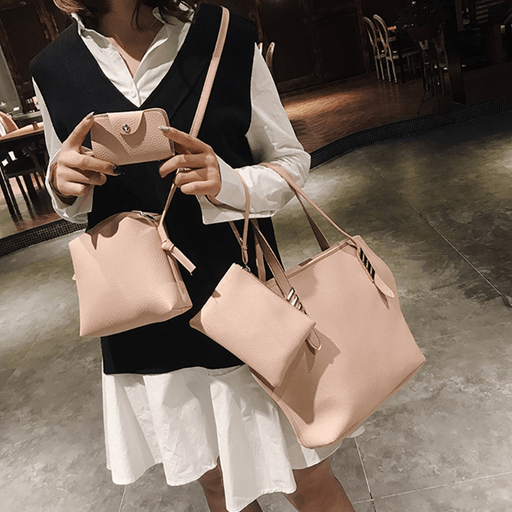 4Pcs Faux Leather Solid Leisure Handbag Shoulder Bag