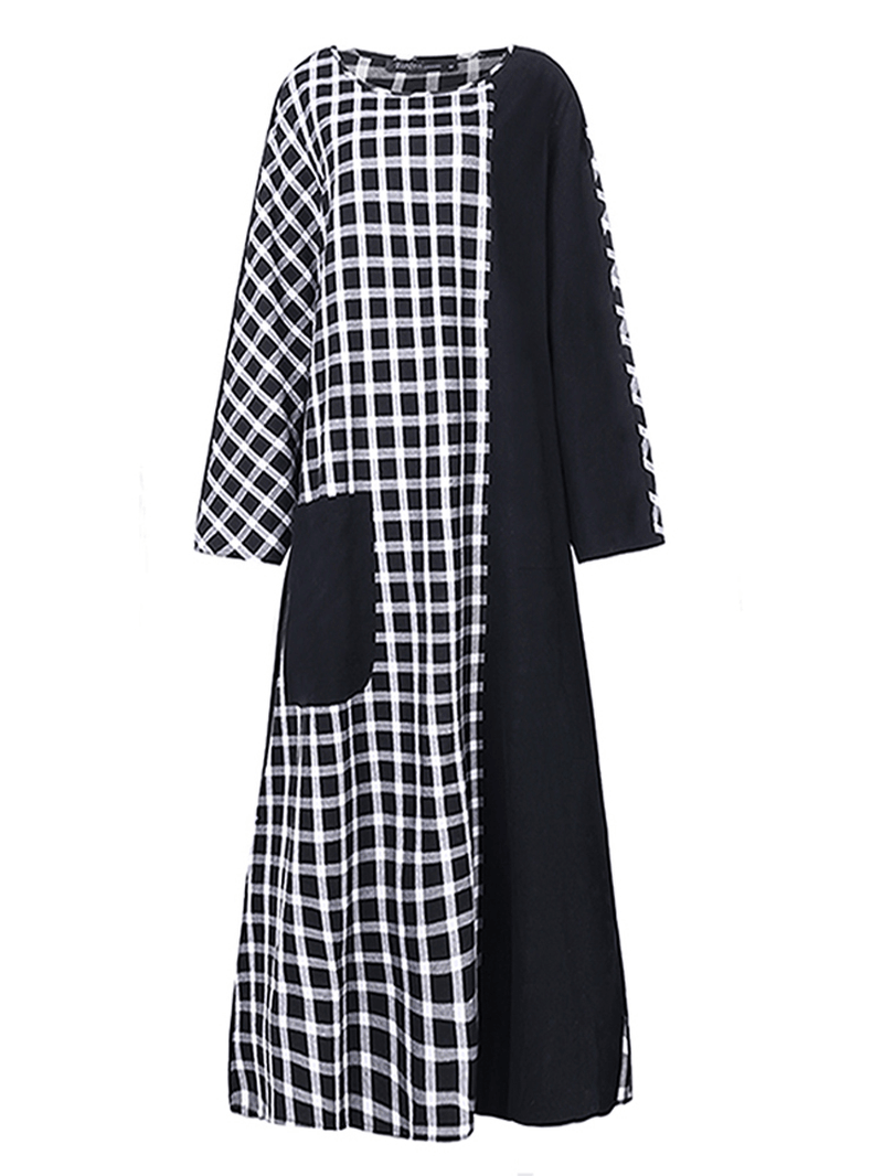 Plaid Patchwork round Neck Long Sleeve Casual Maxi Dress - MRSLM