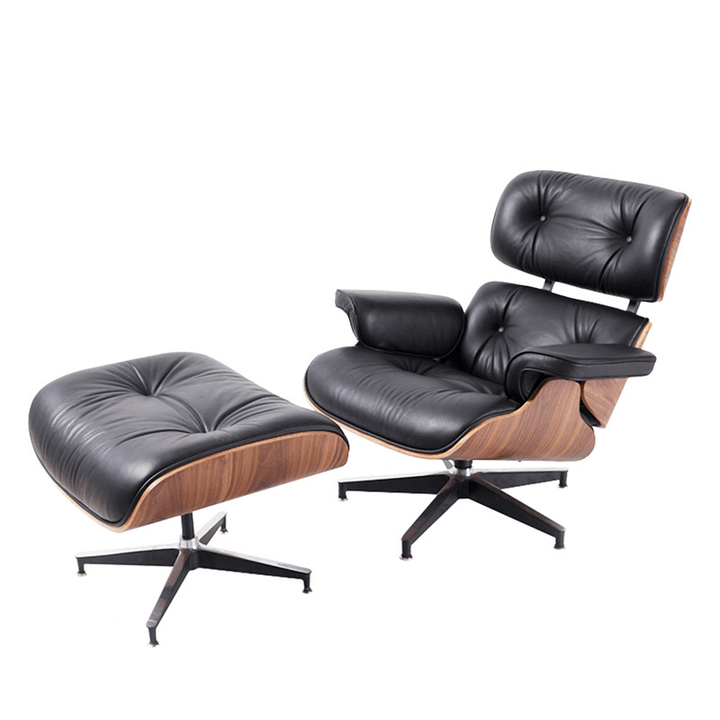 Full Black Genuine Leather Recliner Lounge Chair & Ottoman Set with Aluminum Base Support for Living Room