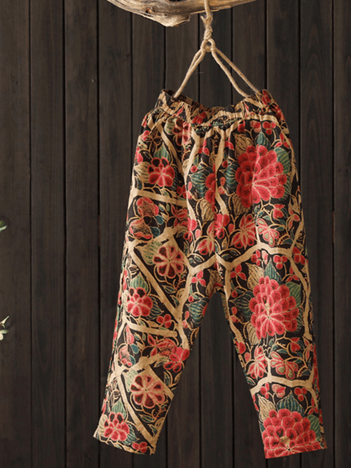 Women Floral Print Elastic Waist Side Pockets Trousers Pants