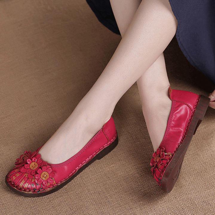 Women Retro Flowers Decor Handmade Stitching Non Slp Soft Sole Loafers