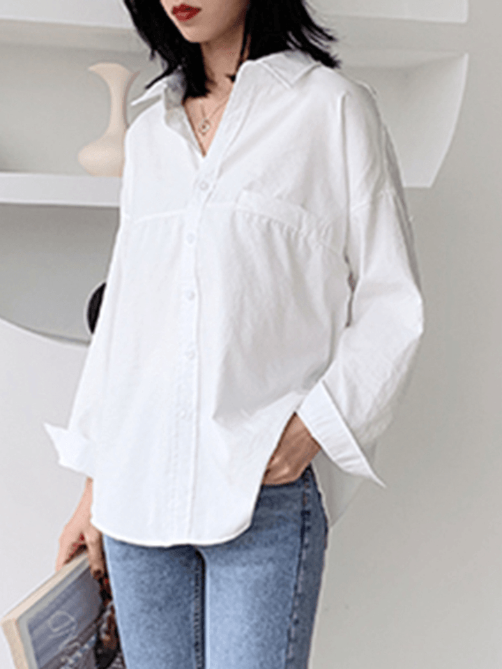 Solid Color Lapel Long Sleeve Plain Daily Casual Shirts for Women