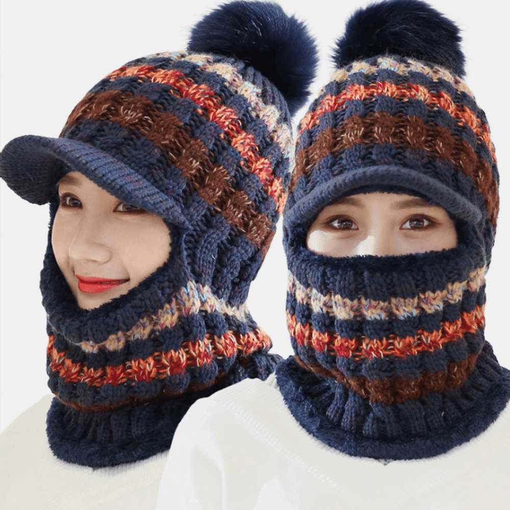 Women Wool One-Piece plus Velvet Thicken Warm Windproof Neck Face Protection Riding Knitted Hat Baseball Hat