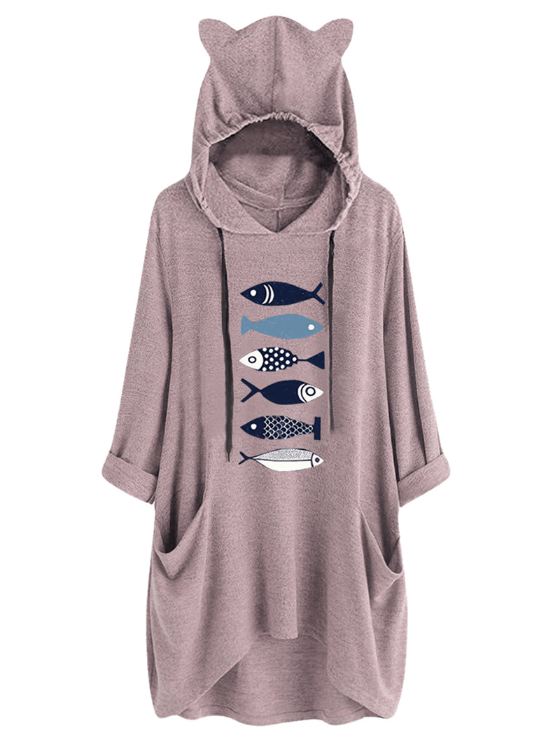 Women Casual Fish Print Hooded Sweatshirt - MRSLM