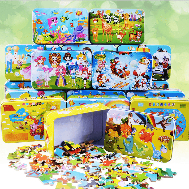 Childre Wooden 60 Piece Iron Box Wooden Puzzle