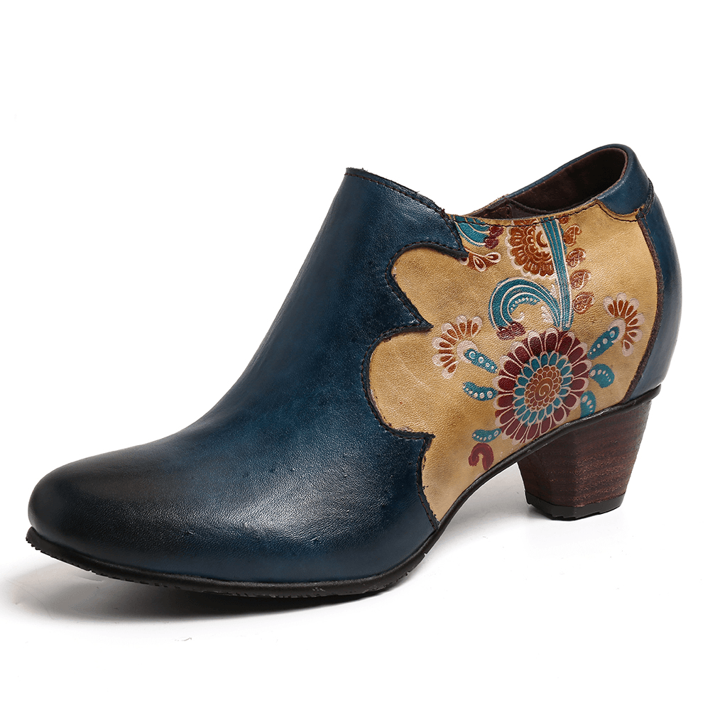 Women Hand Painted Flowers Stitching Leather Zipper Pumps - MRSLM