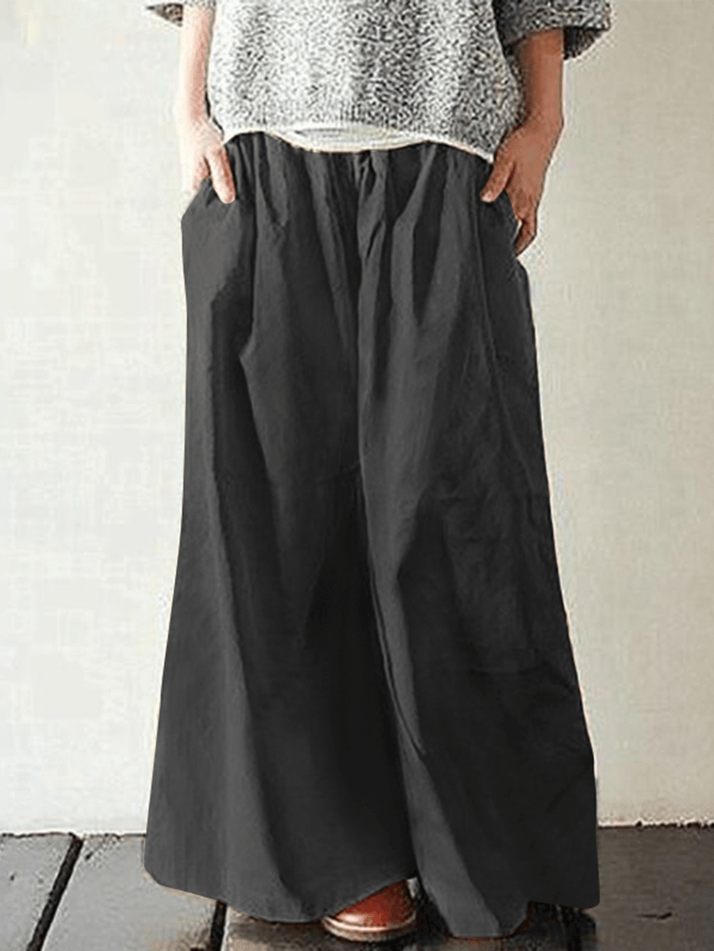 Women Cotton Pocket Elastic Waist Wide Leg Loose Casual Pants