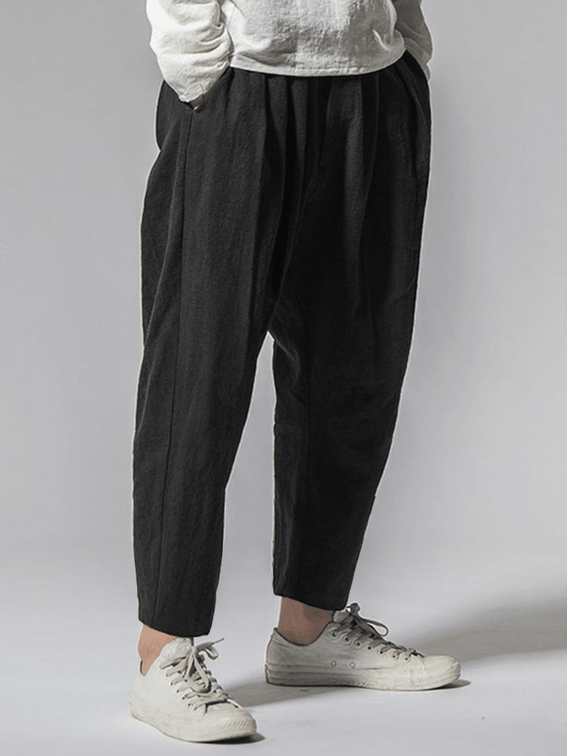 Mens Solid Color 100% Cotton Relaxed Fit Drawstring Black Pants