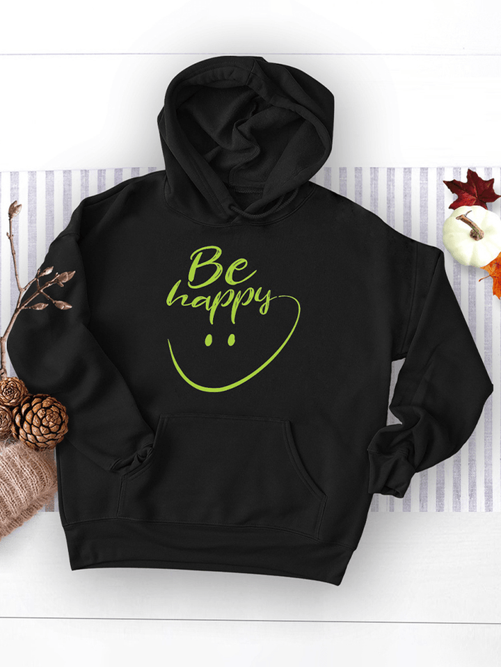 Women Smile Face Letter Print Pouch Pocket Casual Long Sleeve Hoodies - MRSLM