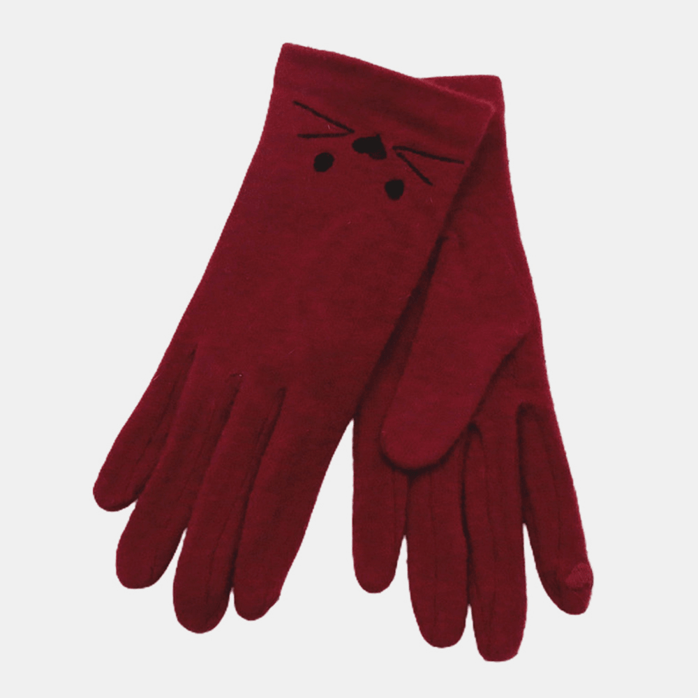 Women Wool Screen-Touchable Embroidery Cartoon Cat Pattern Keep Warm Fashion Casual Gloves - MRSLM