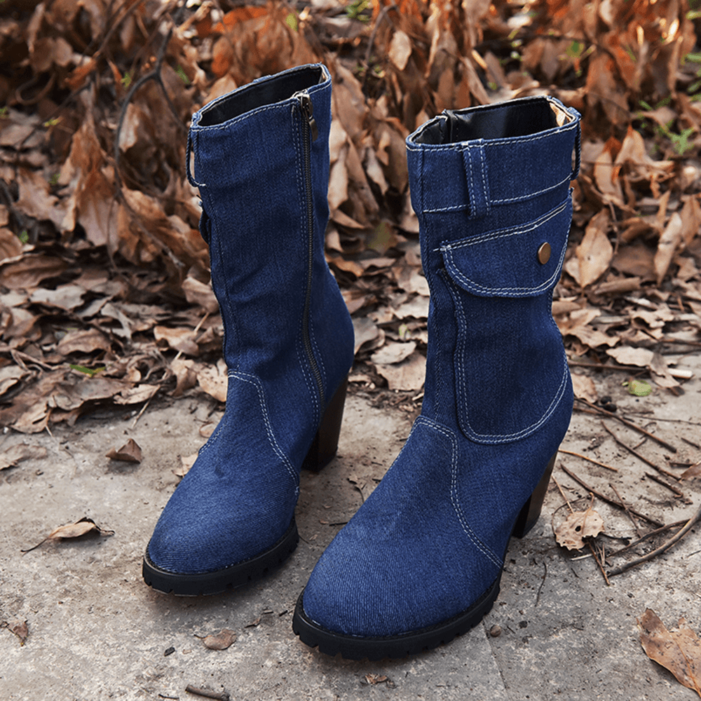 Women Retro Denim Cloth Side Zip Bag Decor Chunky Heel Mid Calf Boots