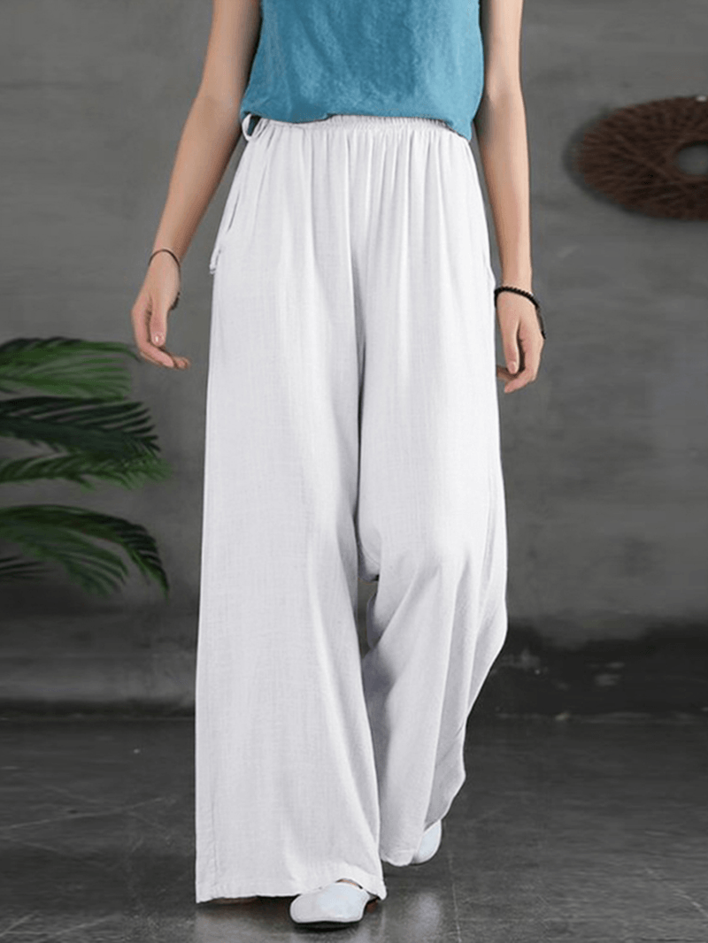 Women Casual Solid Color Side Drawstring Loose Wide Leg Pants with Pockets - MRSLM