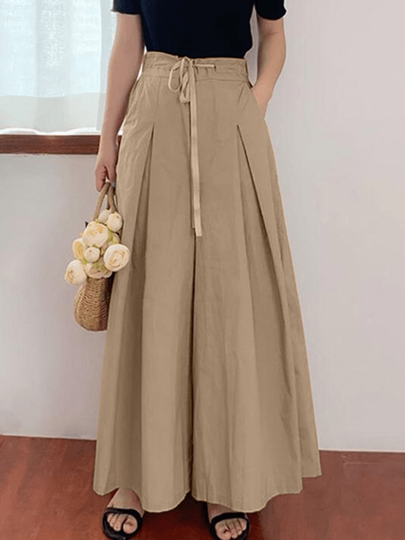 Women Drawstring Waist Loose Solid Color Casual Wide Leg Pants with Pocket - MRSLM