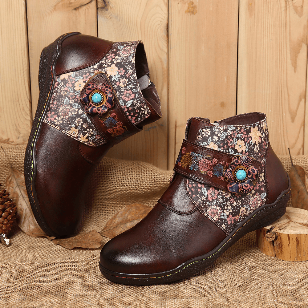 Retro Small Flowers Colorful Stitching Soft Leather Boots