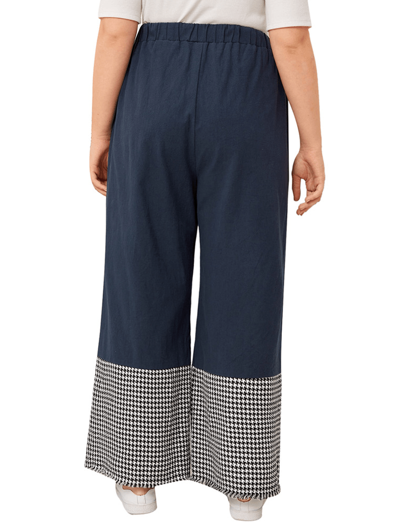 Women Houndstooth Patchwork Loose Casual Elastic Mid Waist Wide Leg Pants