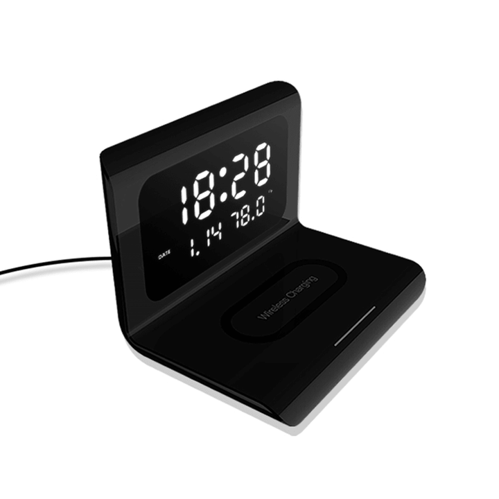 Electric LED 12/24H Alarm Clock with Phone QI 10W Wireless Charger Table Digital Thermometer LED Display Desktop Clock Perpetual Calendar