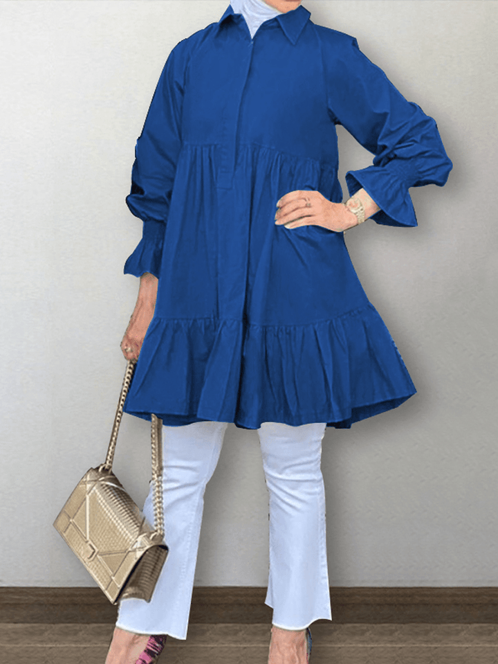 Women Half Button Lapel Tiered Ruffle Sleeve Solid Casual Blouses