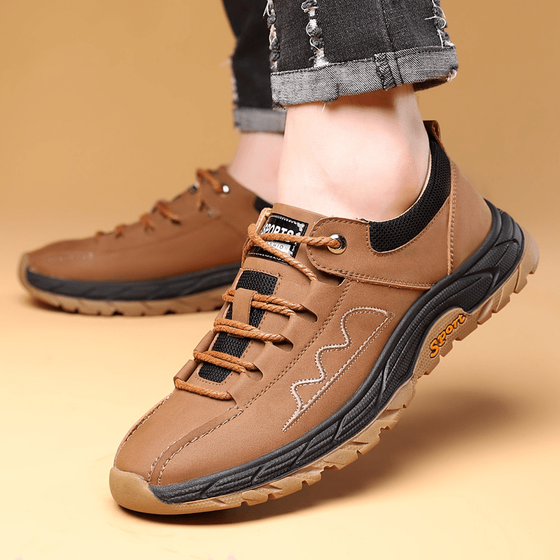 Men Cowhide Breathable Splicing Non Slip Comfy Soft Sole Casual Sports Shoes