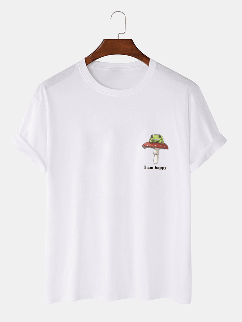 Mens Frog Mushroom Chest Print Casual 100% Cotton Short Sleeve T-Shirts